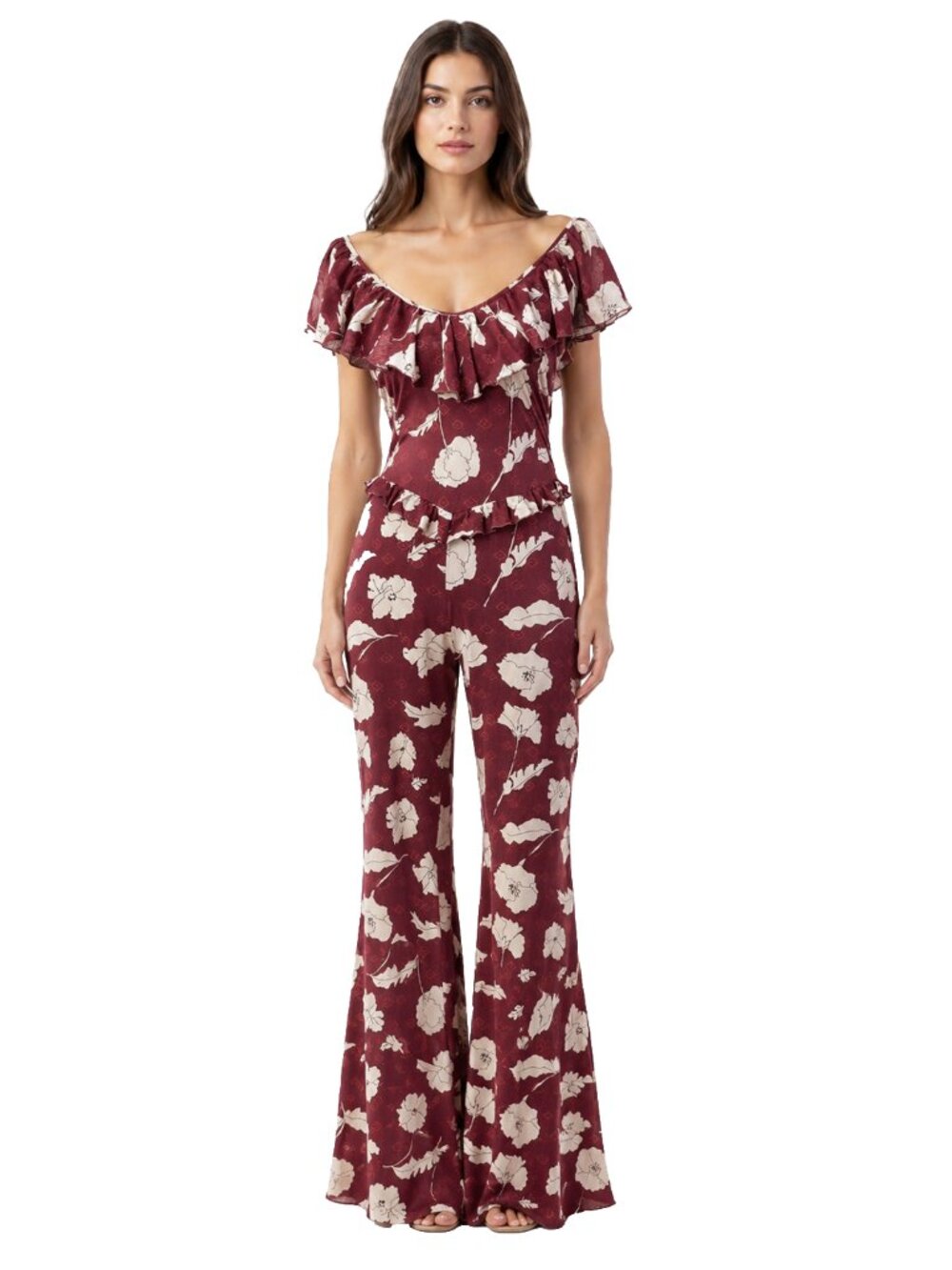 Free People Small Burgundy Floral Ruffle Wide Leg Jumpsuit Boho Festival Chic